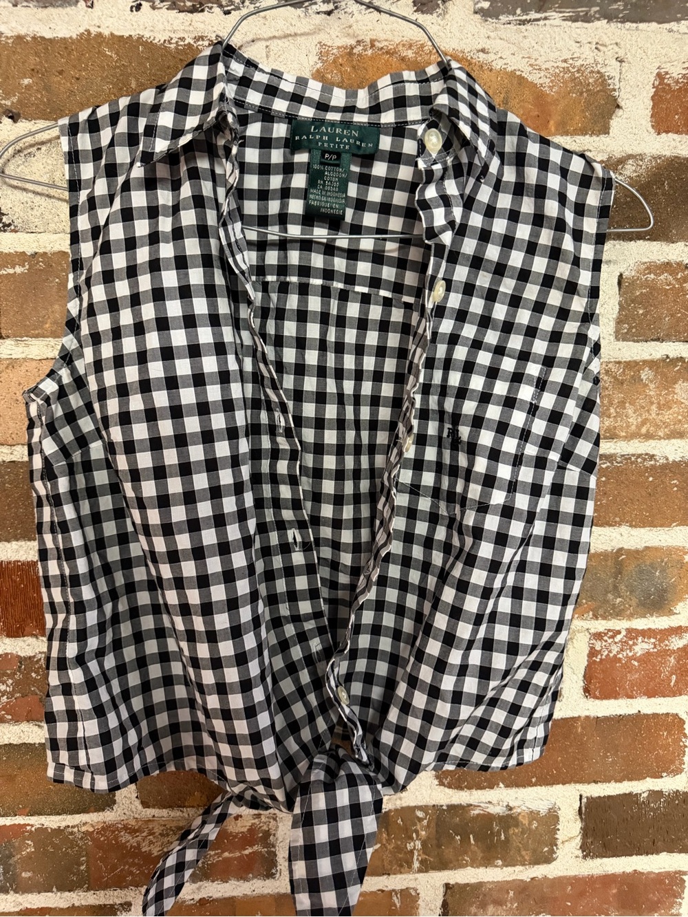 Ralph Lauren Black and White Gingham Tie-Front Button-Down Top